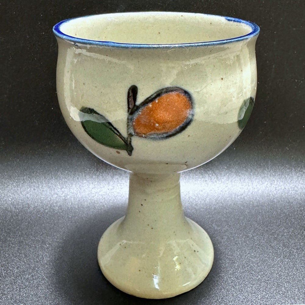 Vintage Pottery Goblet Hand Painted Fruit Speckle Glaze Cobalt Blue Rim Folk Art